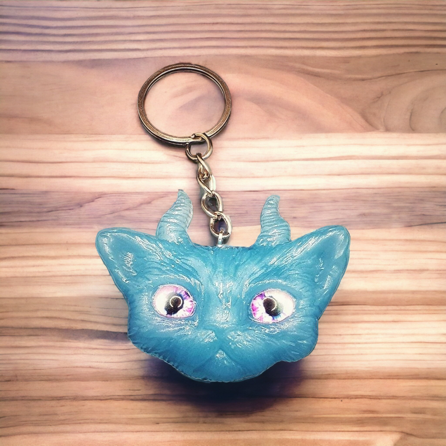 Blue Horned Demon Cat, Kitty Keychain, Cute Cat Gift, Small Cat Head Gift,