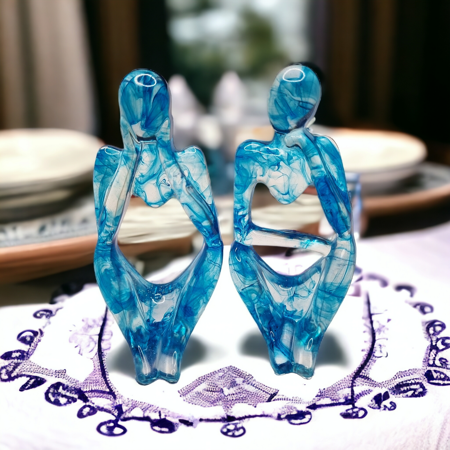 Blue Thinker Statues, set of 2, modern home decor, marble effect