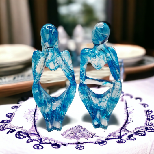 Blue Thinker Statues, set of 2, modern home decor, marble effect