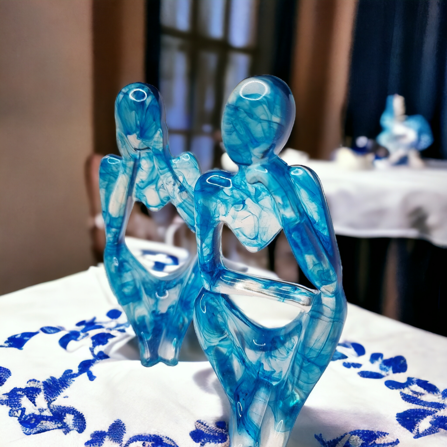 Blue Thinker Statues, set of 2, modern home decor, marble effect