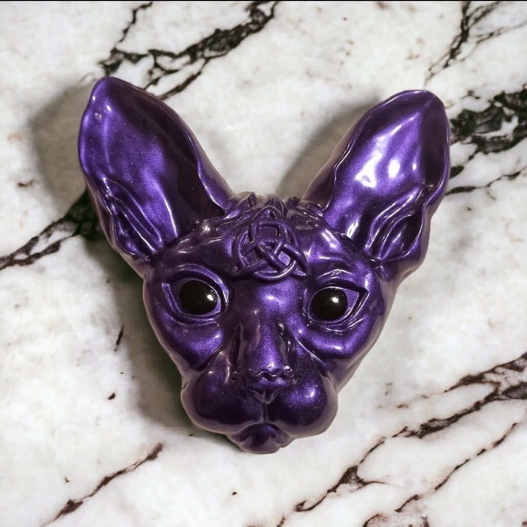 Sphynx Cat Head, purple chrome effect, Wall Hanging, Purple sphynx cat gifts,resin witchy